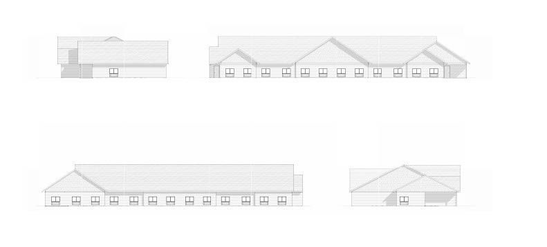 Architectural drawings of a building with multiple gabled roof sections and windows.