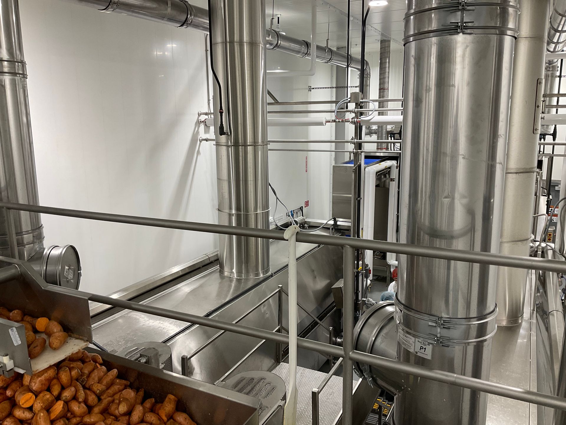 Industrial food processing equipment with stainless steel pipes and conveyor belt of carrots.