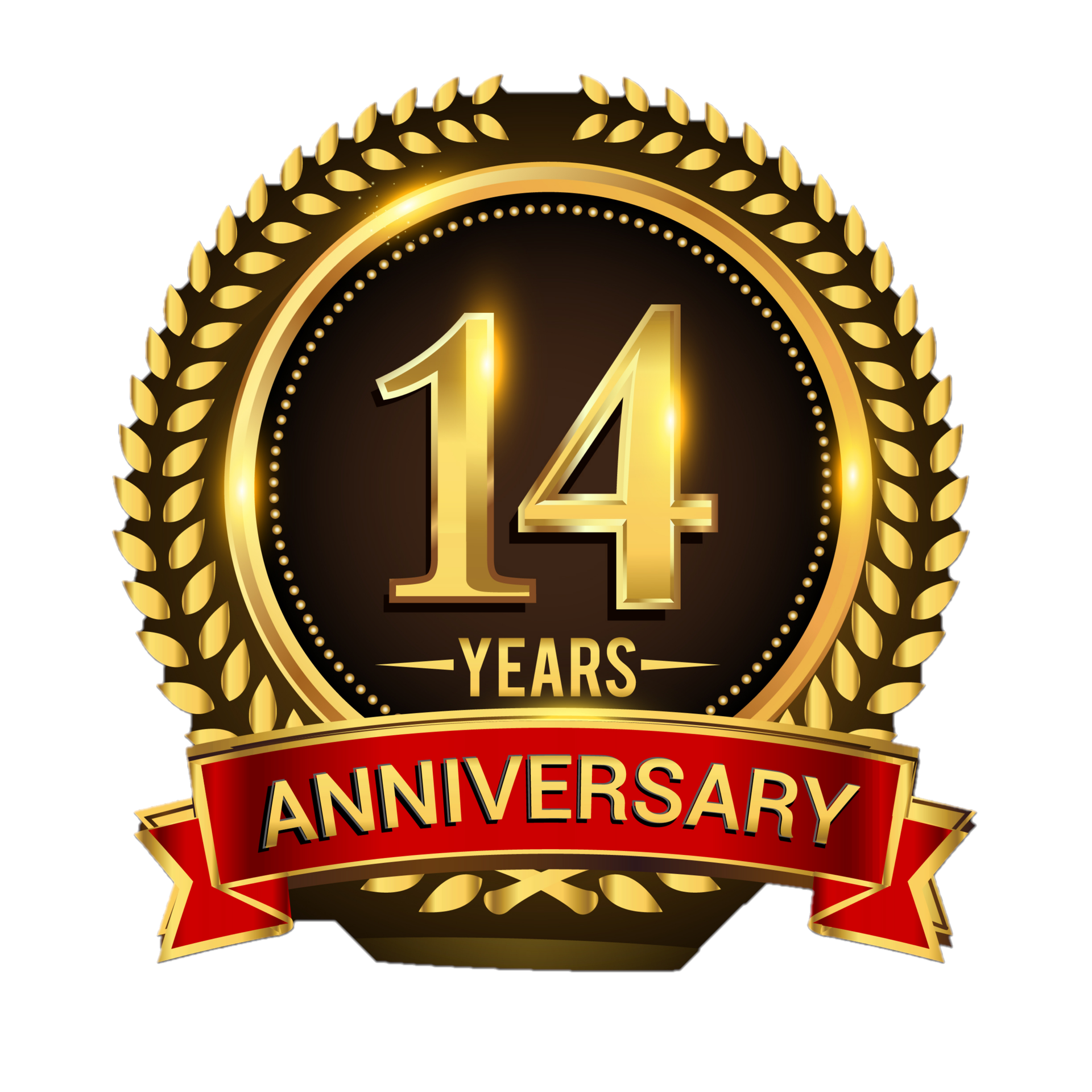Gold and red 14th Anniversary badge with laurel wreath and ribbon.