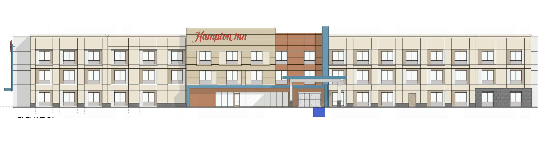 Hampton Inn hotel building elevation with beige exterior, multiple windows, and a blue accent.