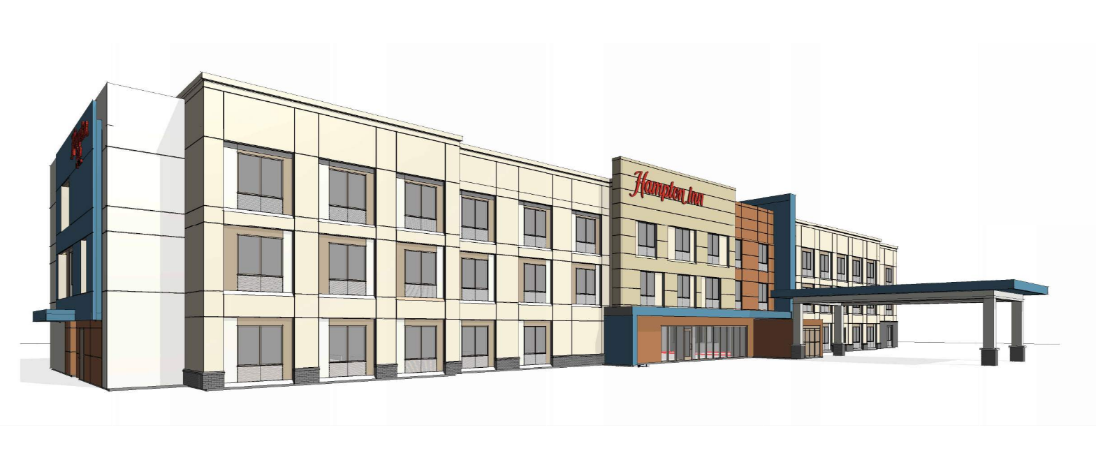 Exterior of a Four Points by Sheraton hotel, beige and blue facade, covered entrance.