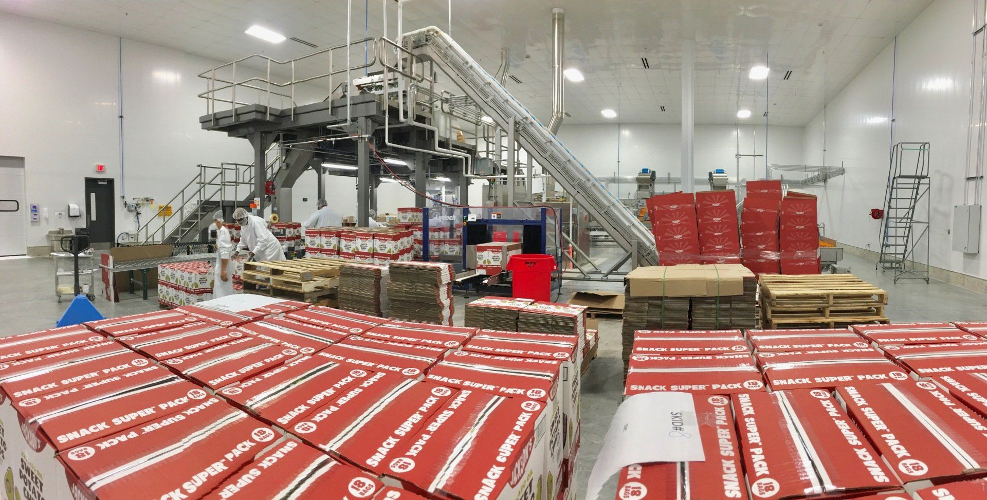 Boxes of product stacked in a food processing facility, conveyor system overhead, worker nearby.