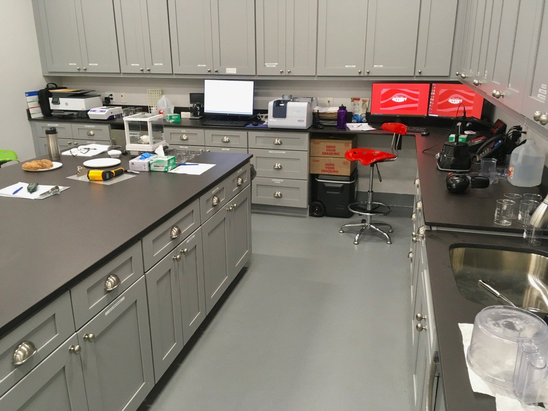 Laboratory with gray cabinets, counters, and island; a computer and two red monitors sit on the counters.