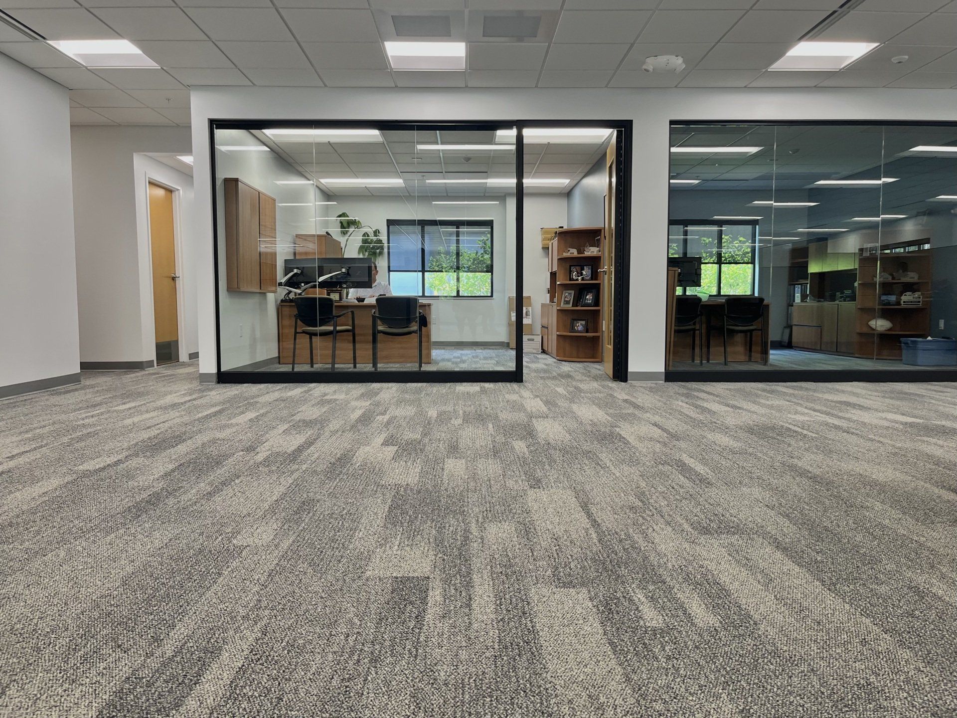 Office interior with glass-walled offices. Gray patterned carpet. Bright overhead lighting.