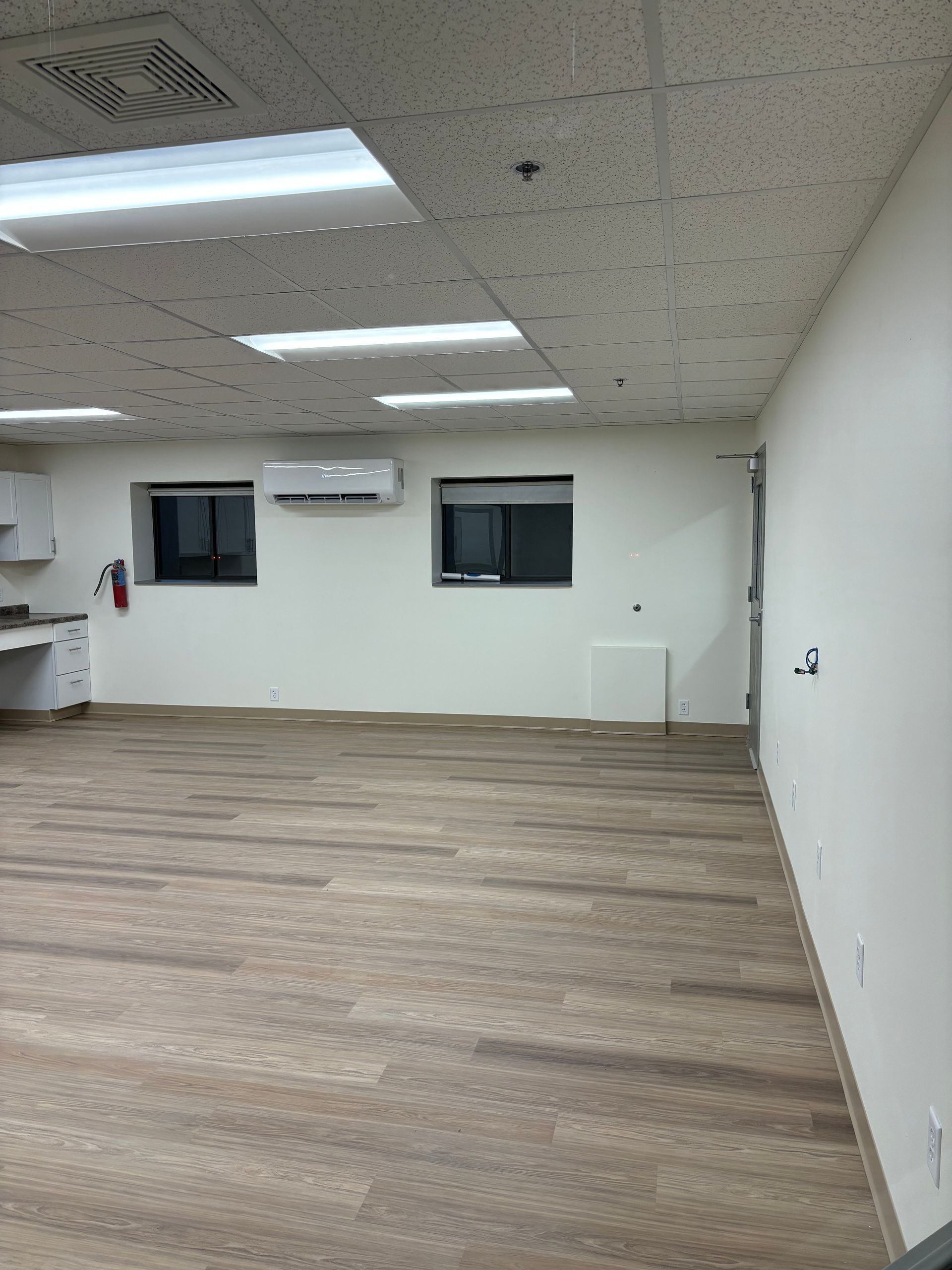 Empty room with tan flooring, white walls, and ceiling with recessed lighting. Two windows and a door are visible.