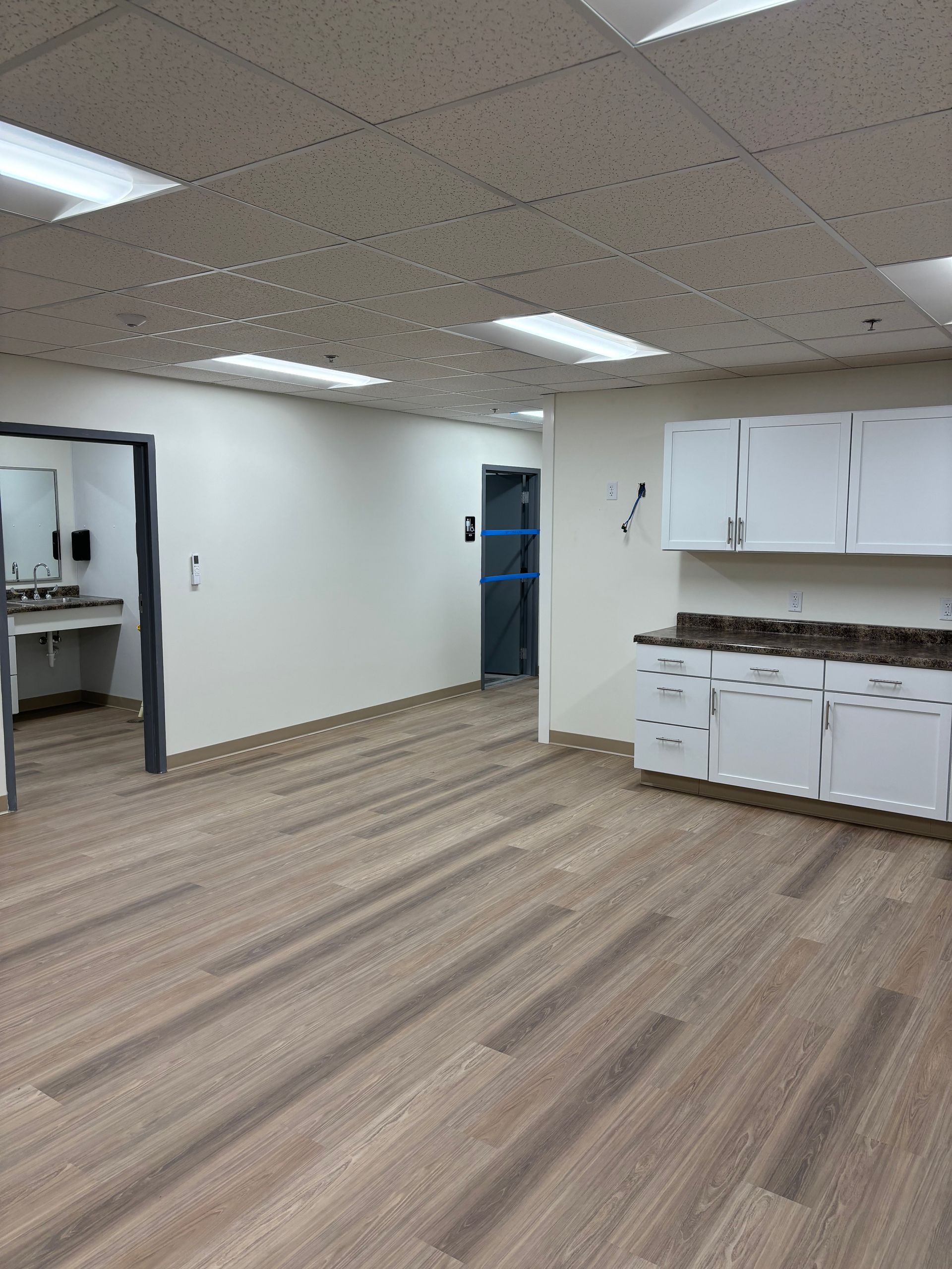 Empty room with light wood flooring, white walls, cabinetry, and a door. Fluorescent lights in the ceiling.