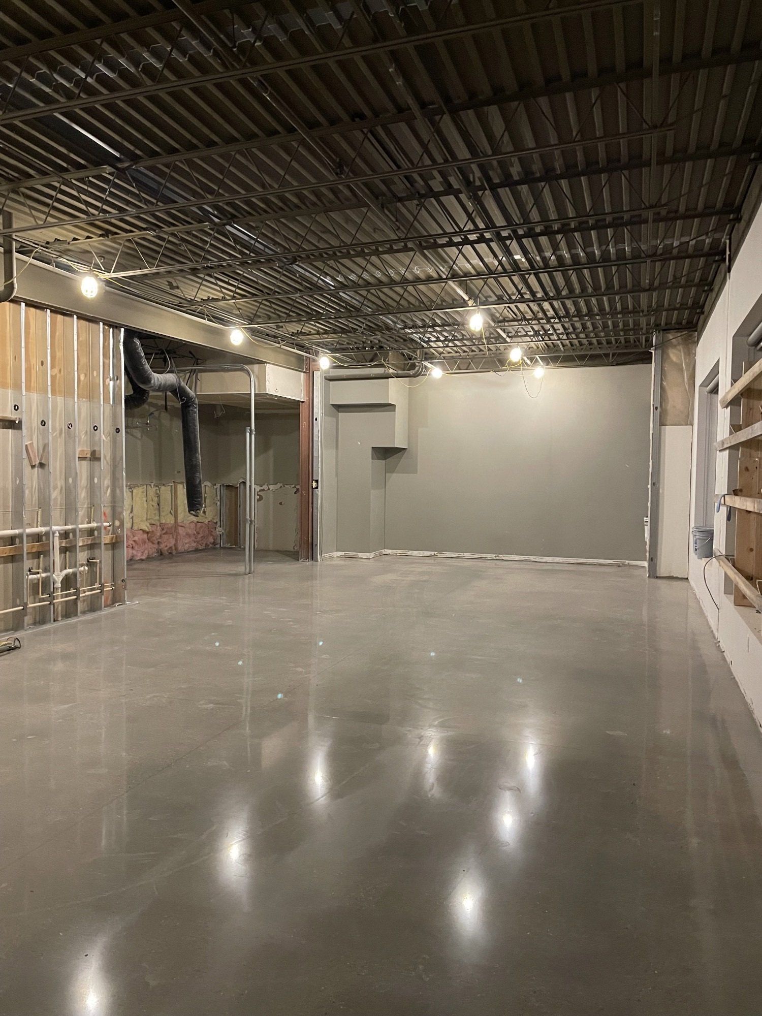 Empty room with concrete floor, unfinished walls, exposed ceiling, and dim lighting.