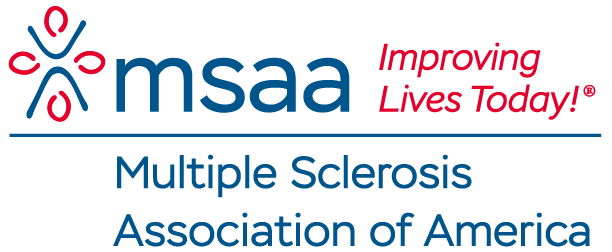 Logo for Multiple Sclerosis Association of America: blue and red design with text, 