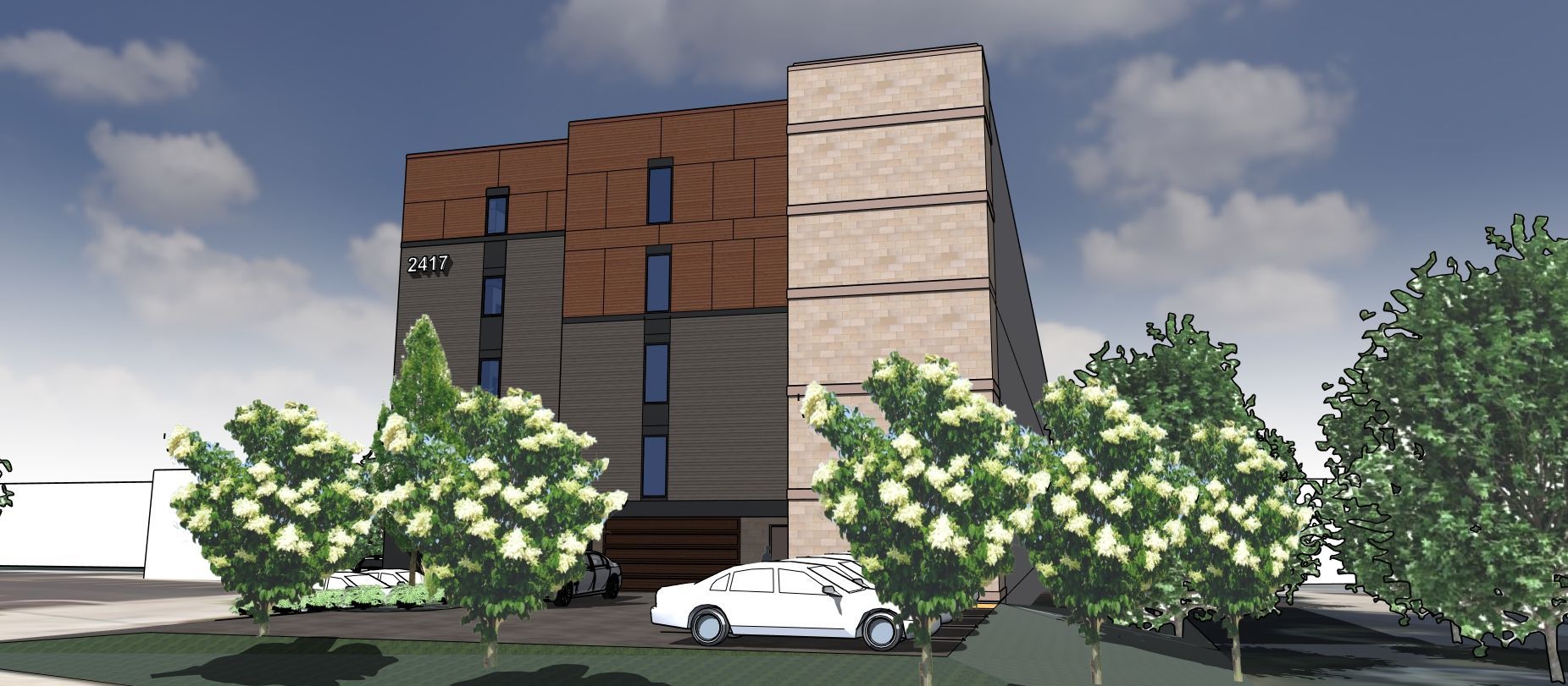 Modern building rendering with trees and a car under a cloudy sky.
