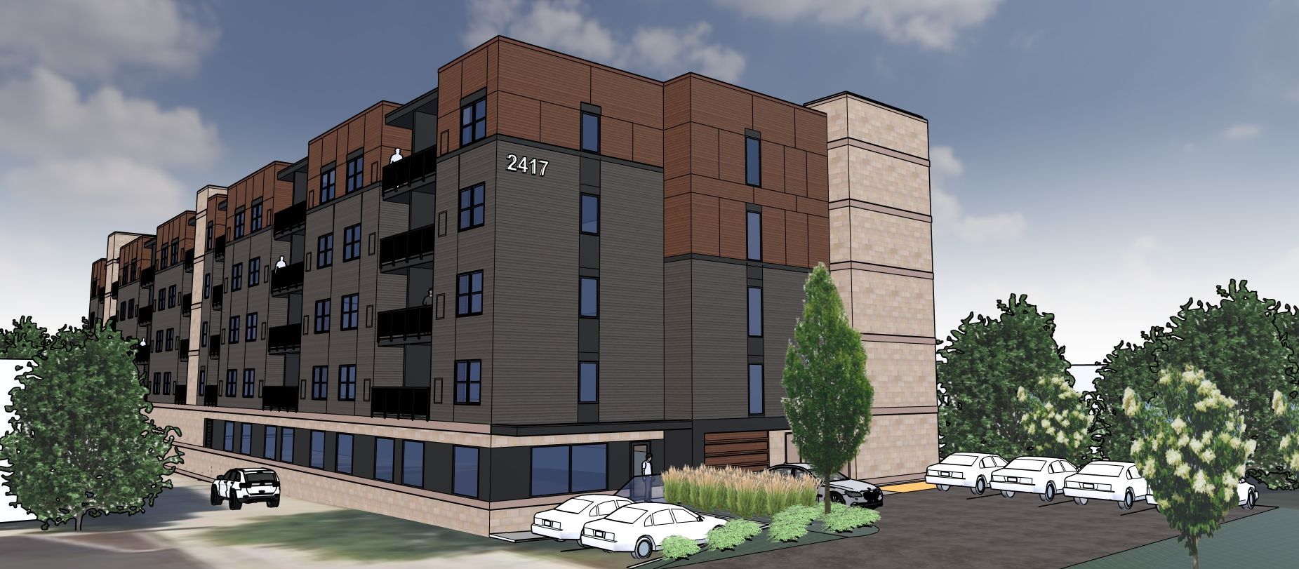 Rendering of a modern multi-story apartment building with dark and light panels, landscaping, and a parking lot.