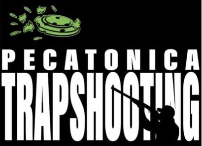 Pecatonica Trapshooting logo with target shattering above a shooter aiming, black background, white text.