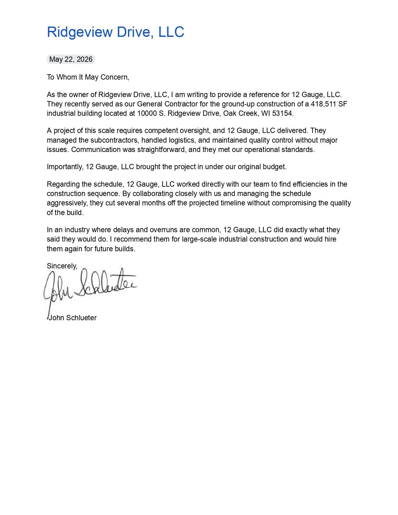 Letter on white paper from Ridgeview Drive, LLC with blue header and handwritten signature at bottom