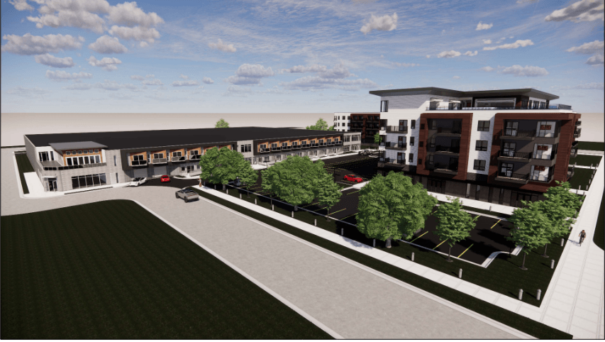 Rendering of modern multi-building apartment complex with parking and trees.