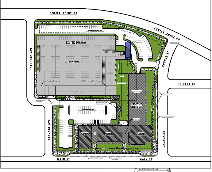 Site plan showing buildings, parking, and landscaping at the intersection of Church St, Main St, and Center Point Rd.