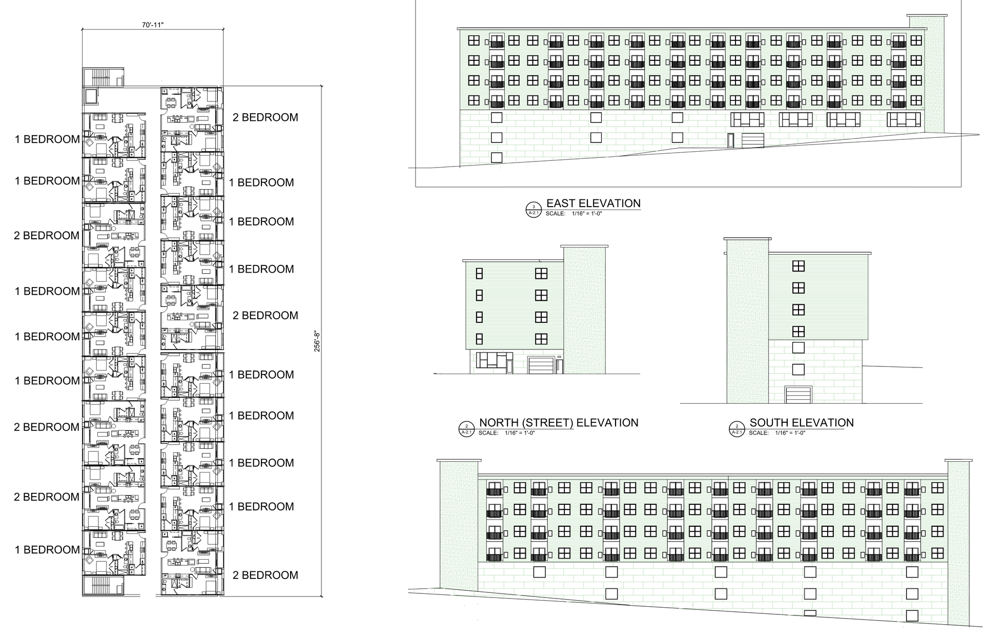 Architectural drawings of a multi-story building. Floor plan and exterior elevations show windows and balconies.