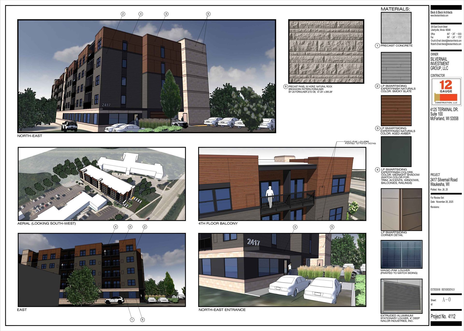 Architectural renderings of a modern multi-story building and material swatches. Exterior view showing various elevations.