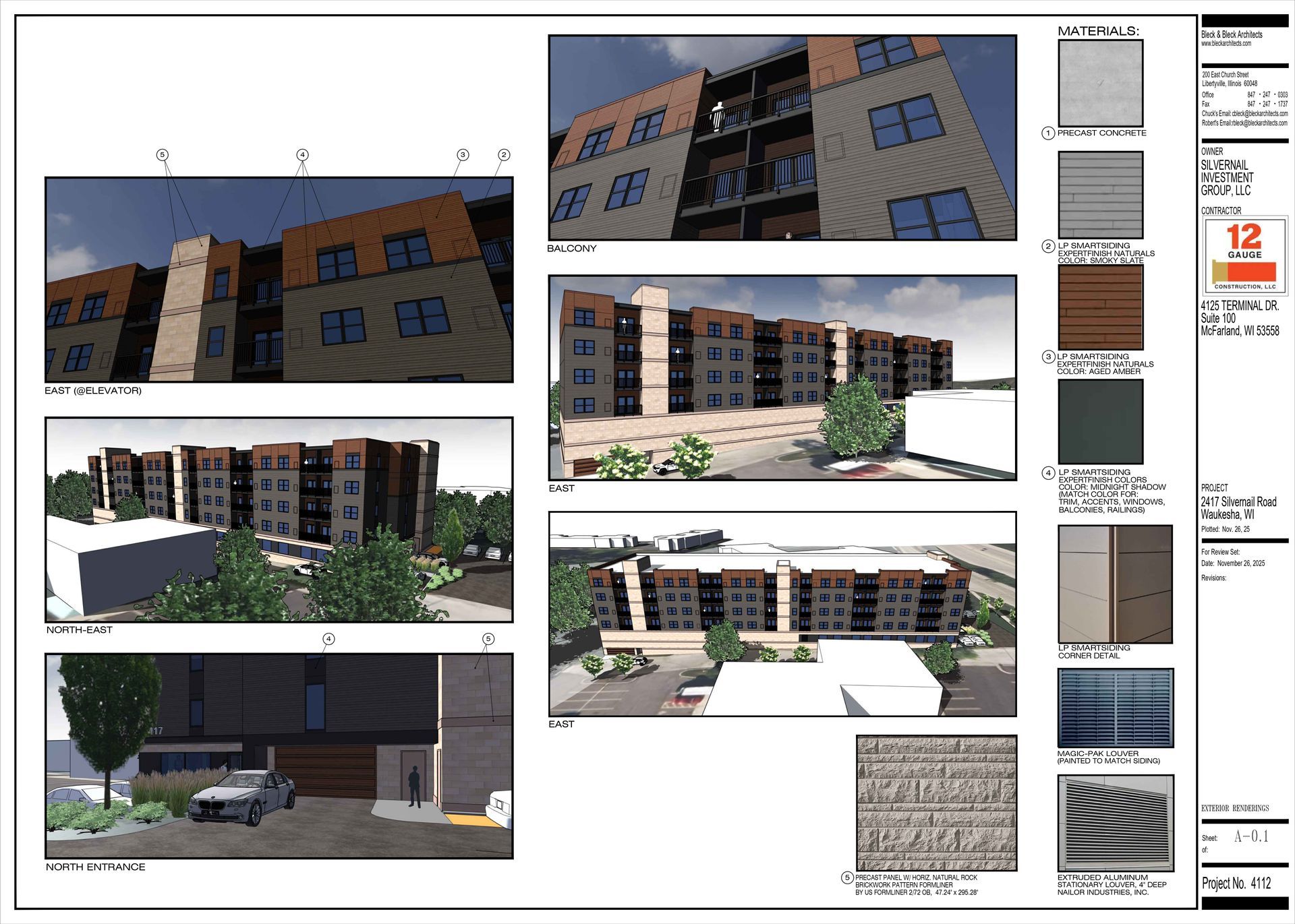 Architectural renderings of a modern apartment building with various exterior views and material samples.