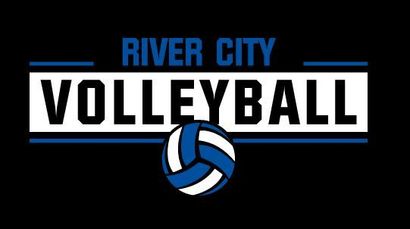 River City Volleyball logo with blue and white ball, black background.
