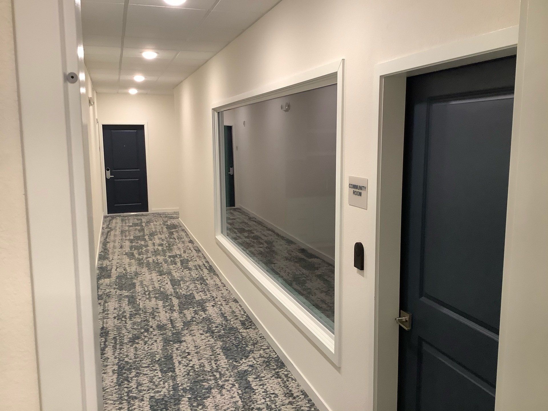 Hallway with blue doors, a long window, and patterned carpet.