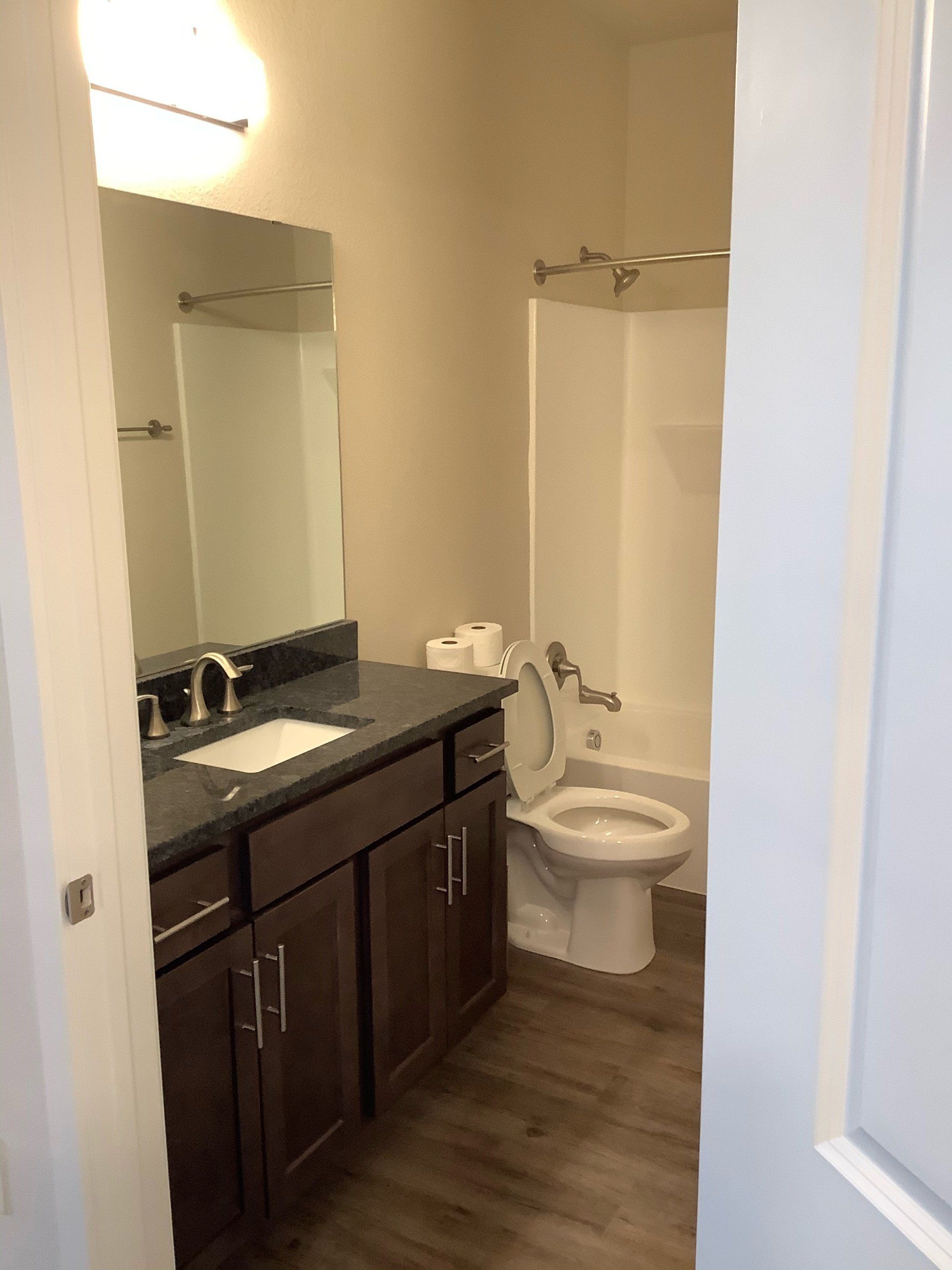 Bathroom with dark brown vanity, white toilet, and shower.