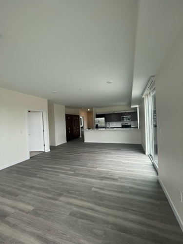 Empty living area with gray flooring, white walls, and a dark kitchen in the distance.