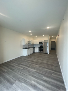 Empty, bright apartment interior with white cabinets, stainless steel appliances, and grey wood-look flooring.