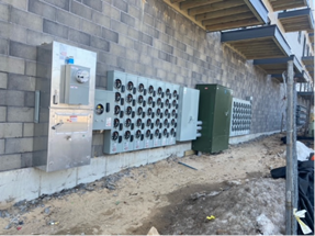 Electrical equipment mounted on a cinder block wall at a construction site.