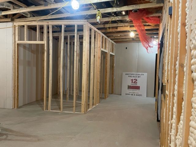 Basement renovation in progress; wooden wall frames, concrete floor, overhead lights.