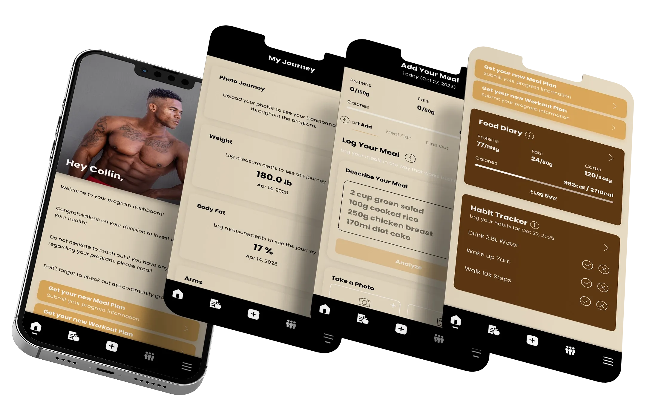 Screenshots of a fitness app, featuring a shirtless man, workout details, and nutritional information.