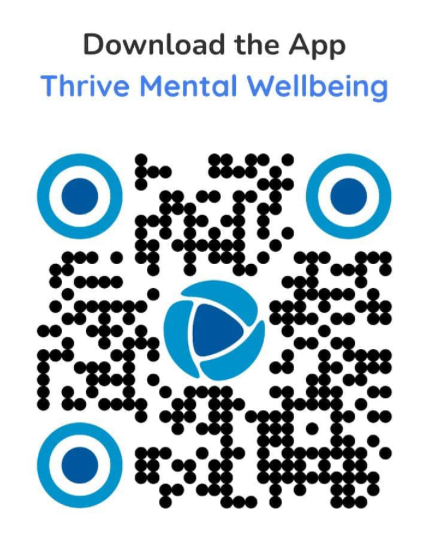 QR code for Thrive Mental Wellbeing app download, with logo and blue circles.