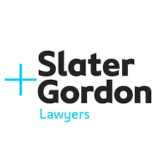 Slater Gordon Lawyers logo. Dark text with a teal plus sign and the word 