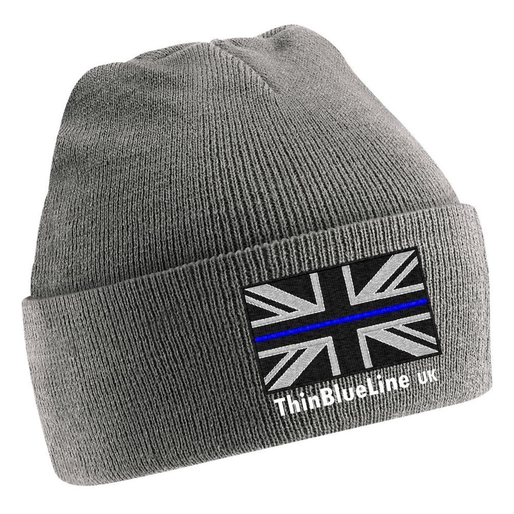 Navy blue beanie with a UK flag patch featuring a blue line and 