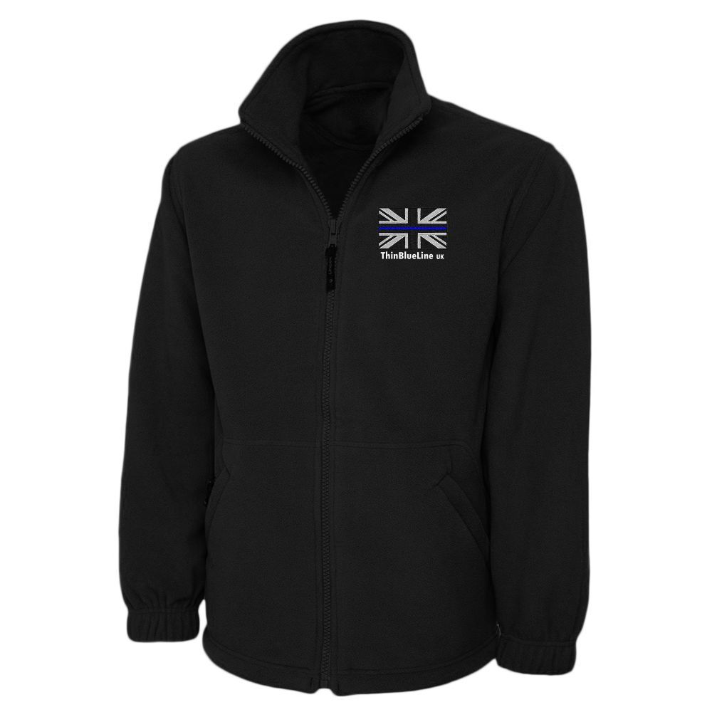Black zip-up jacket with UK flag graphic.