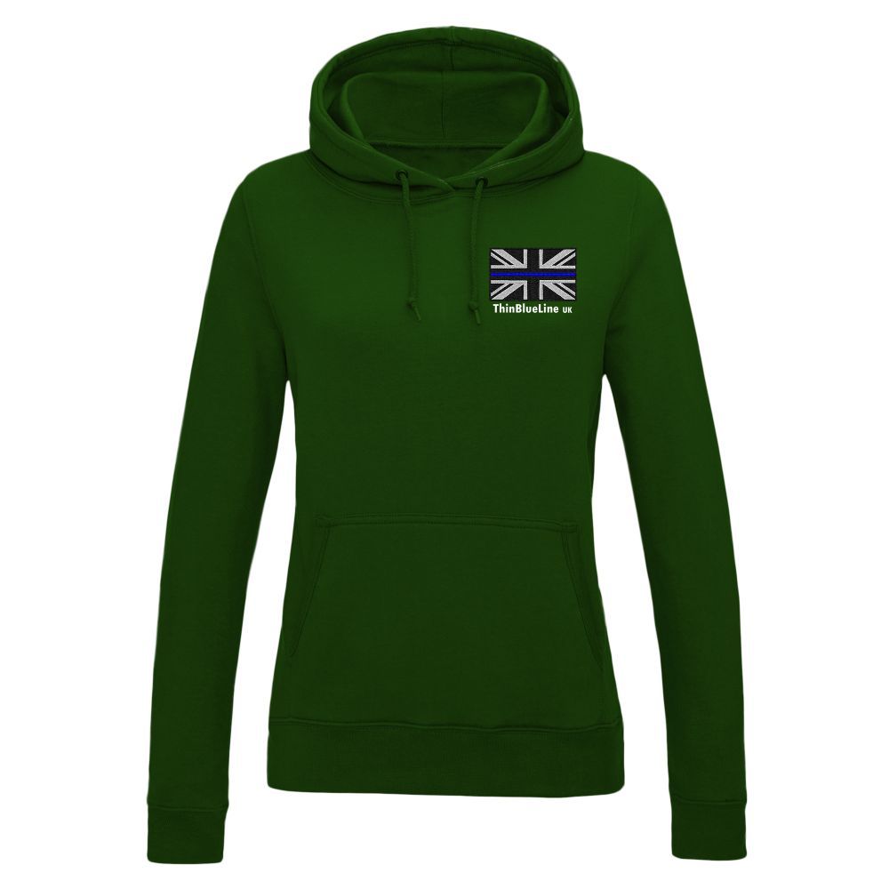 Light gray hooded sweatshirt with a small Union Jack flag graphic on the upper left chest.