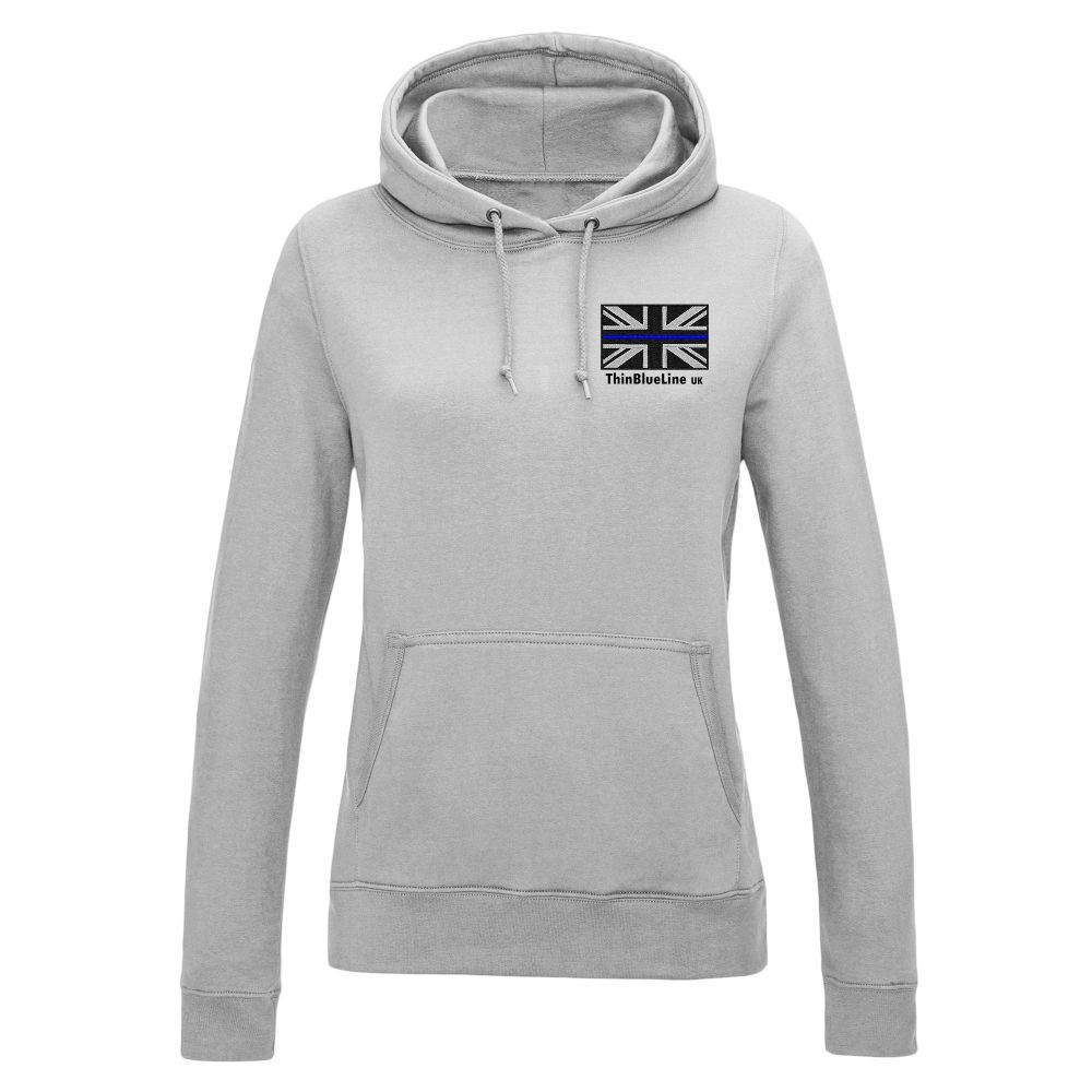 Light gray hooded sweatshirt with a small Union Jack flag graphic on the upper left chest.