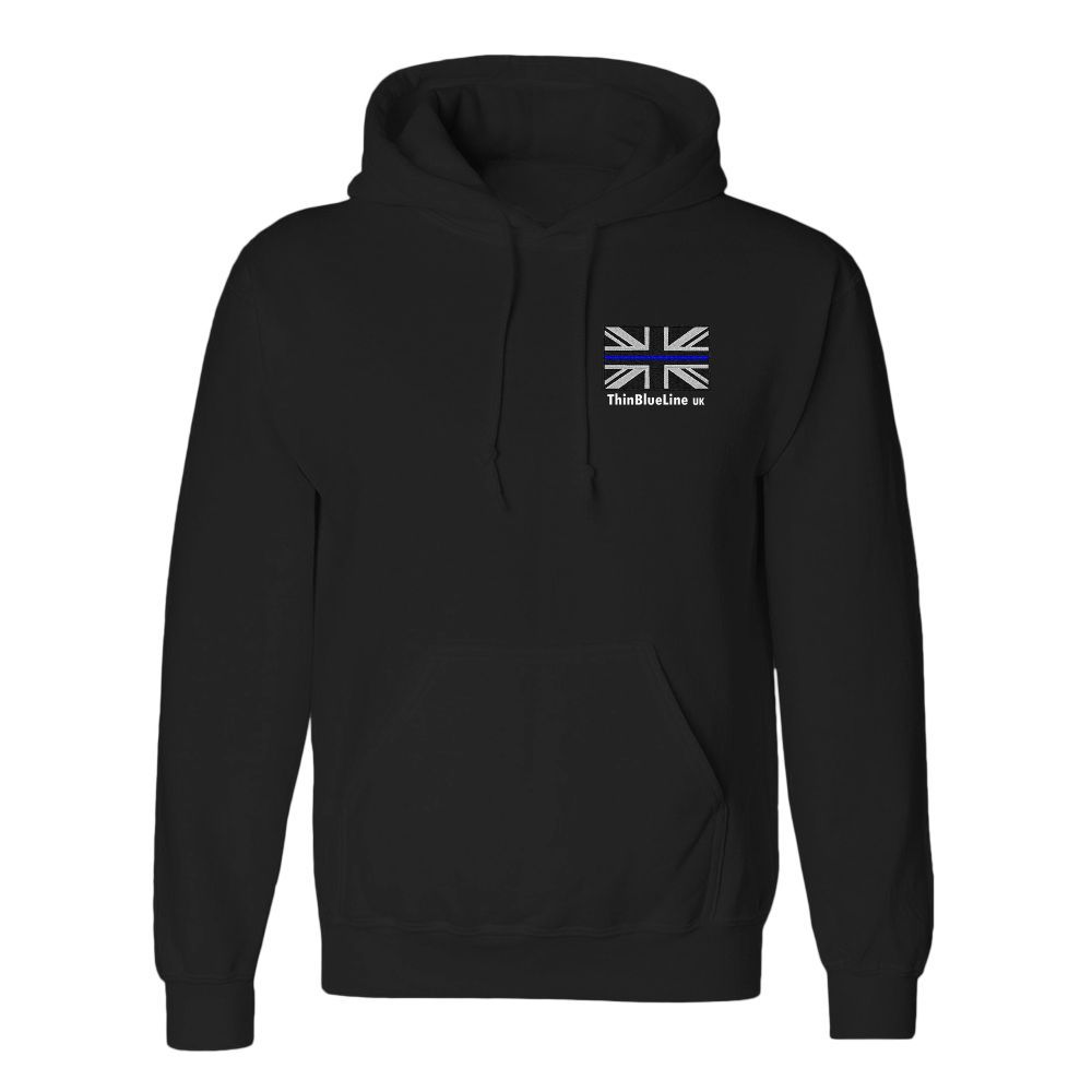 Black hoodie with small UK flag graphic on the left chest.