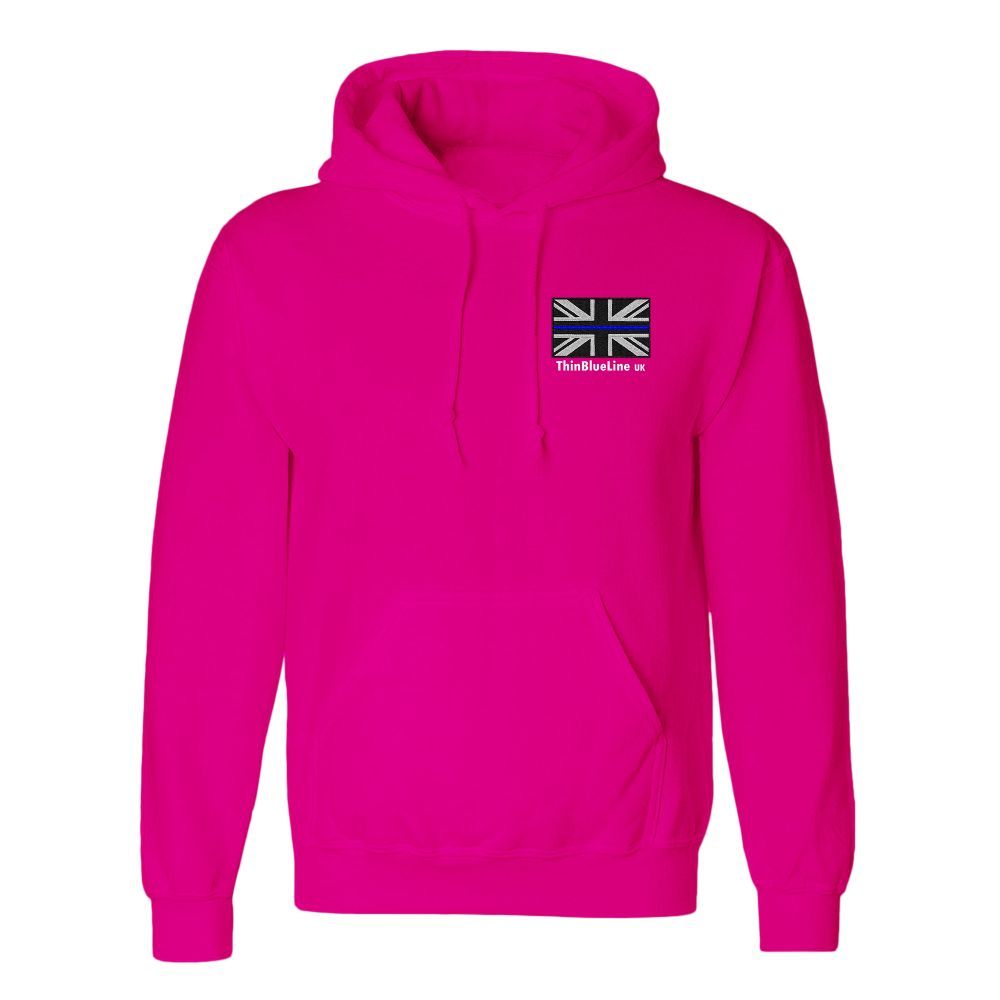 Orange hoodie with a small Union Jack flag design on the chest.