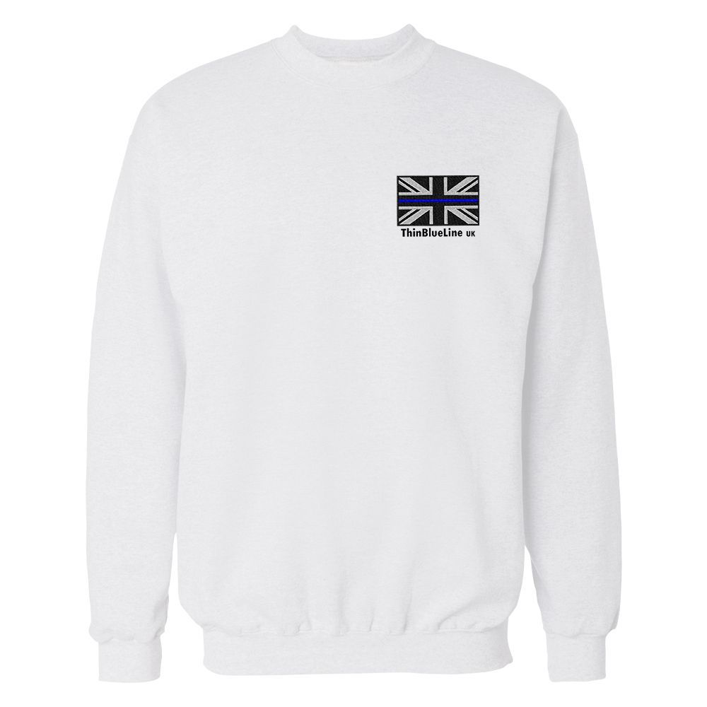 Navy blue sweatshirt with a small Union Jack flag and a blue stripe.