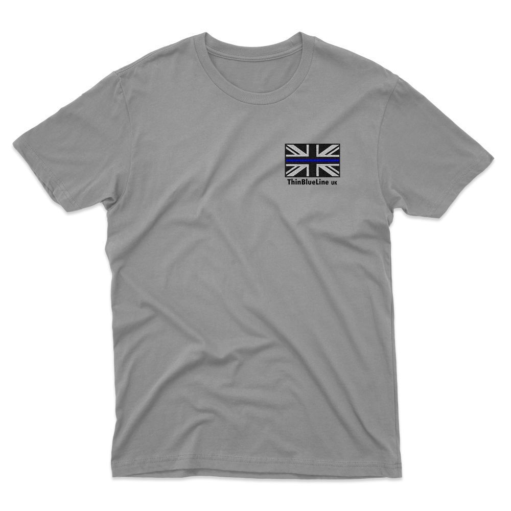 Olive green t-shirt with a small Union Jack flag patch and text 