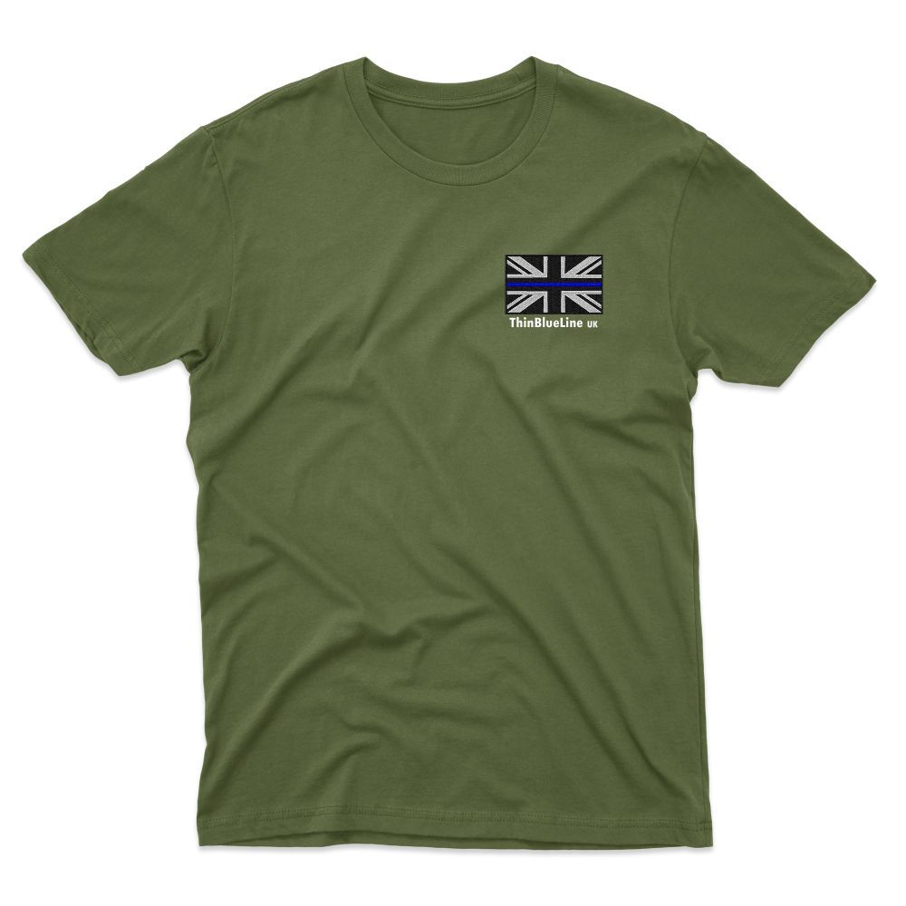 Olive green t-shirt with a small Union Jack flag patch and text 