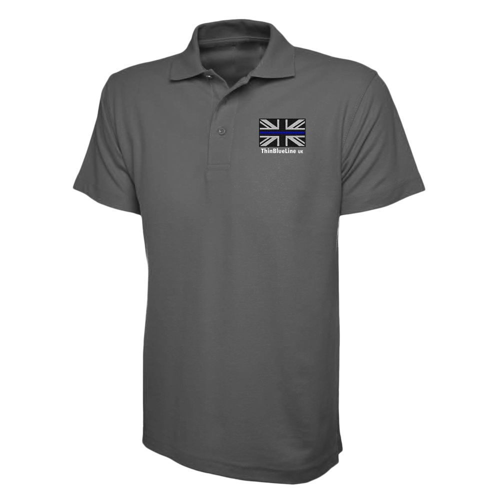 Royal blue polo shirt with small British flag patch on the left chest.