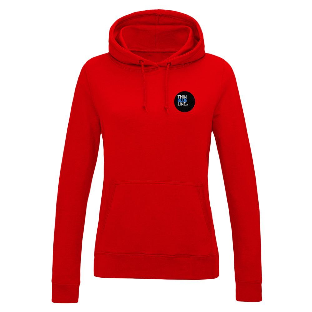 Orange hoodie with a small circular logo on the chest.