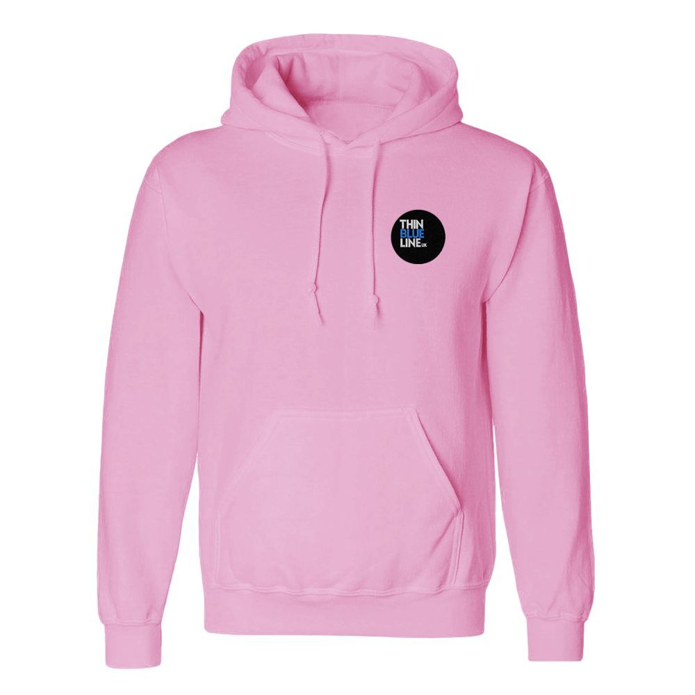 Gray hoodie with a small, circular logo on the chest.