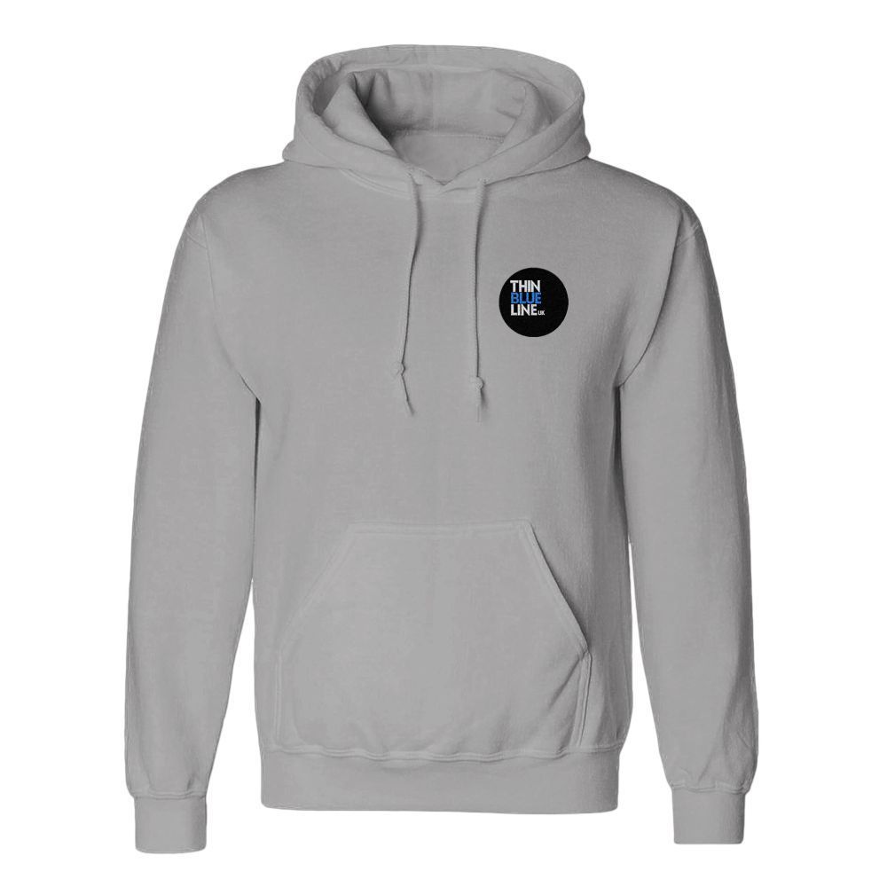 Gray hoodie with a small, circular logo on the chest.