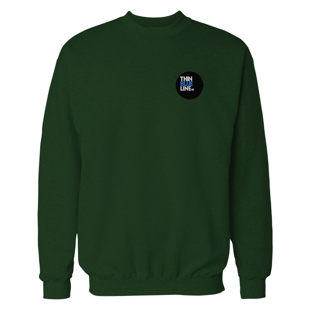 Light blue sweatshirt with small black and blue logo on chest.