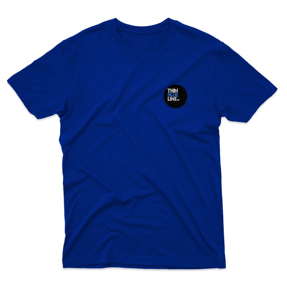 Blue t-shirt with a small circular logo on the chest featuring a black background and white text.