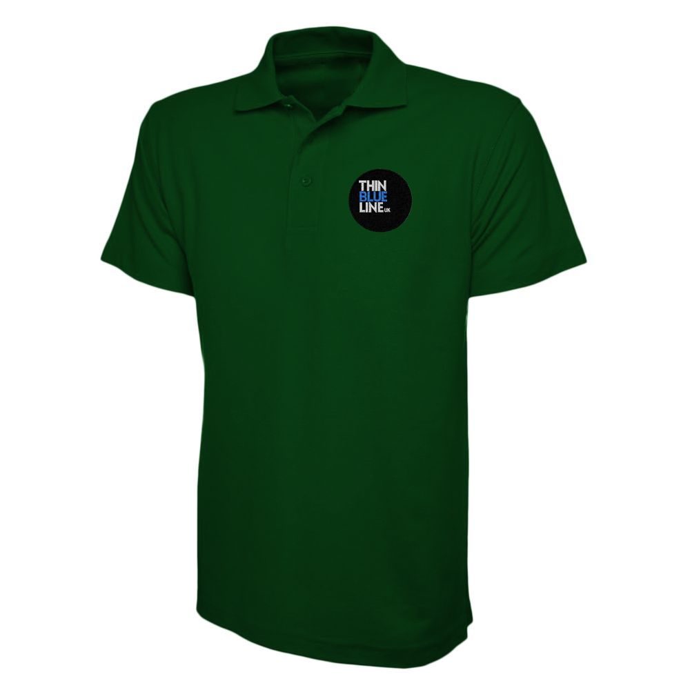 Green polo shirt with a logo on the left breast.