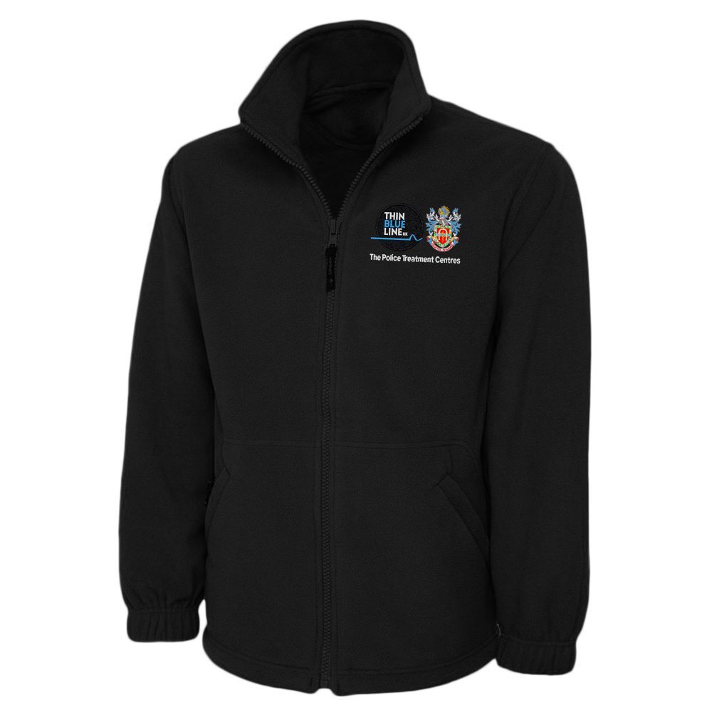 Red fleece jacket with a logo on the chest.