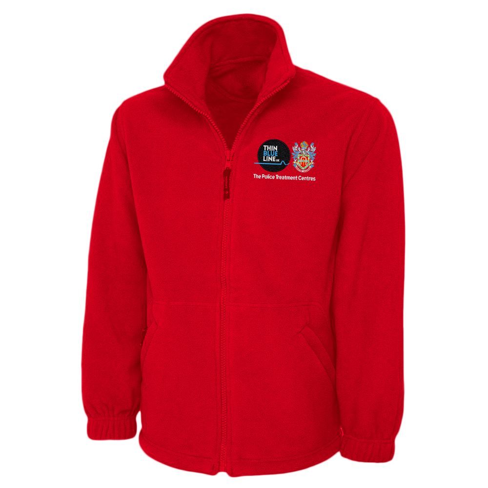 Red fleece jacket with a logo on the chest.