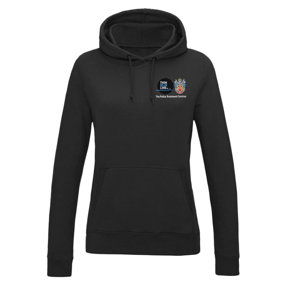 Black hoodie with a small design on the chest.